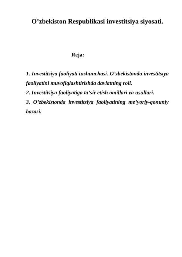 O’zbekiston Respublikasi investitsiya siyosati. 1
