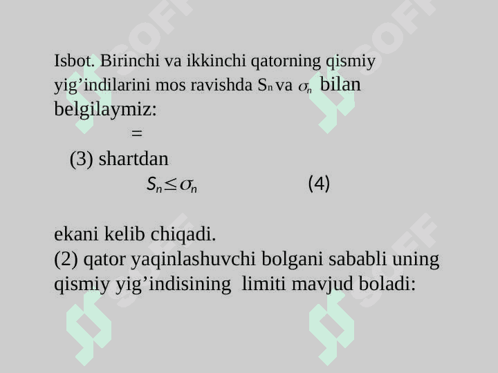 MUSBAT HADLI QATORLARNI TAQQOSLASH TEOREMALARI. MUSBAT HADLI QATORLAR YAQINLASHISHINING YETARLI SHARTLARI. DALAMBER ALOMATI. KOSHINING RADIKAL VA INTEGRAL ALOMATLARI. 5