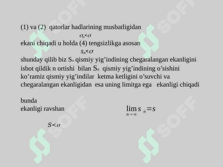 MUSBAT HADLI QATORLARNI TAQQOSLASH TEOREMALARI. MUSBAT HADLI QATORLAR YAQINLASHISHINING YETARLI SHARTLARI. DALAMBER ALOMATI. KOSHINING RADIKAL VA INTEGRAL ALOMATLARI. 6