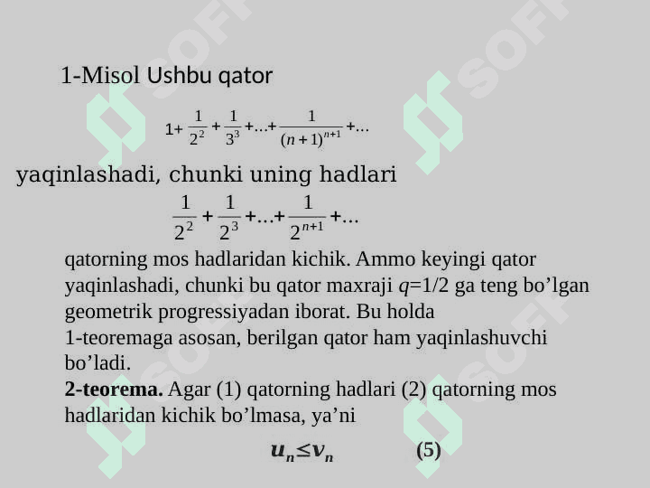 MUSBAT HADLI QATORLARNI TAQQOSLASH TEOREMALARI. MUSBAT HADLI QATORLAR YAQINLASHISHINING YETARLI SHARTLARI. DALAMBER ALOMATI. KOSHINING RADIKAL VA INTEGRAL ALOMATLARI. 7
