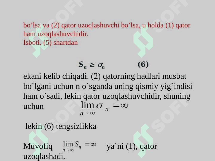 MUSBAT HADLI QATORLARNI TAQQOSLASH TEOREMALARI. MUSBAT HADLI QATORLAR YAQINLASHISHINING YETARLI SHARTLARI. DALAMBER ALOMATI. KOSHINING RADIKAL VA INTEGRAL ALOMATLARI. 8