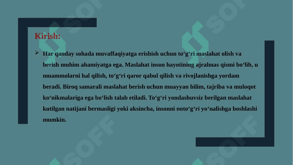 Maslahat turlari, qoidalari, maslahat berish ko‘nikmalari, asosiy prinsip va qoidalari.  Maslahat berish jarayonidagi kommunikatsion to‘siqlar. 2