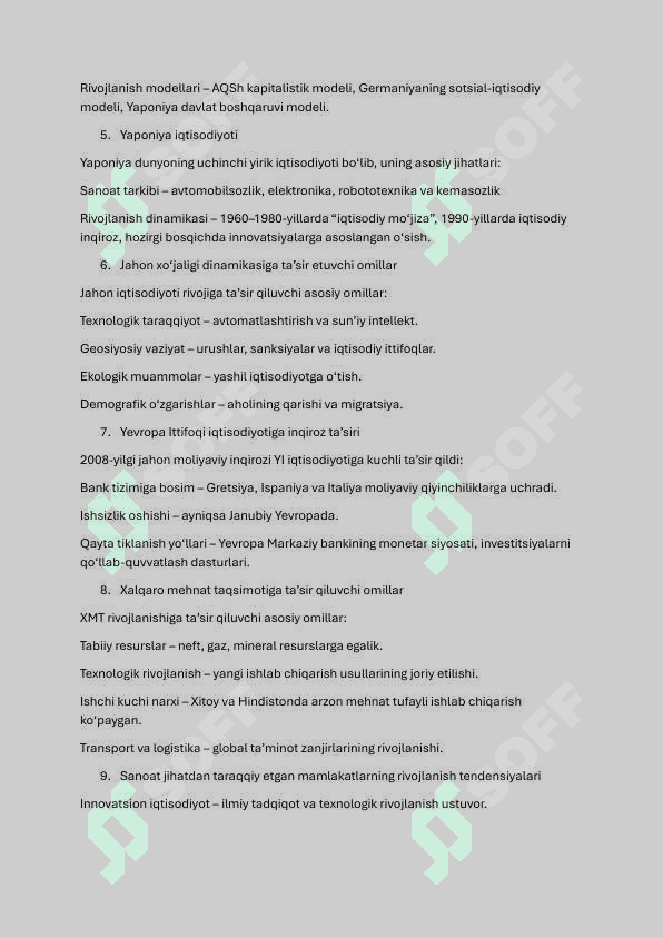 Jahon iqtisodiyoti fanidan yakuniy javoblari 2