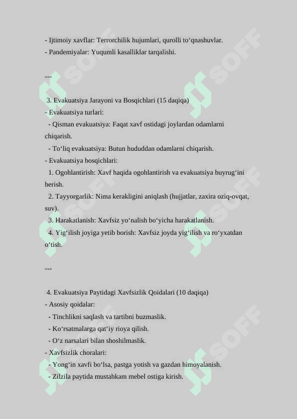 Favqulodda vaziyatlarda evakuatsiya tadbirlari ( Dars ishlanmasi ) 2