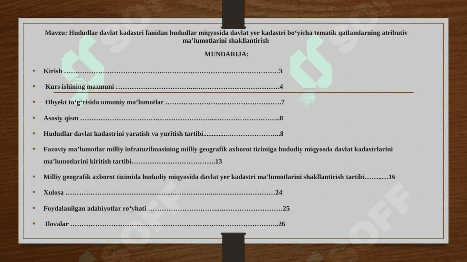 HUDUDLAR MIQYOSIDA DAVLAT YER KADASTRI BO‘YICHA TEMATIK QATLAMLARNING ATRIBUTIV MA’LUMOTLARINI SHAKLLANTIRISH 2