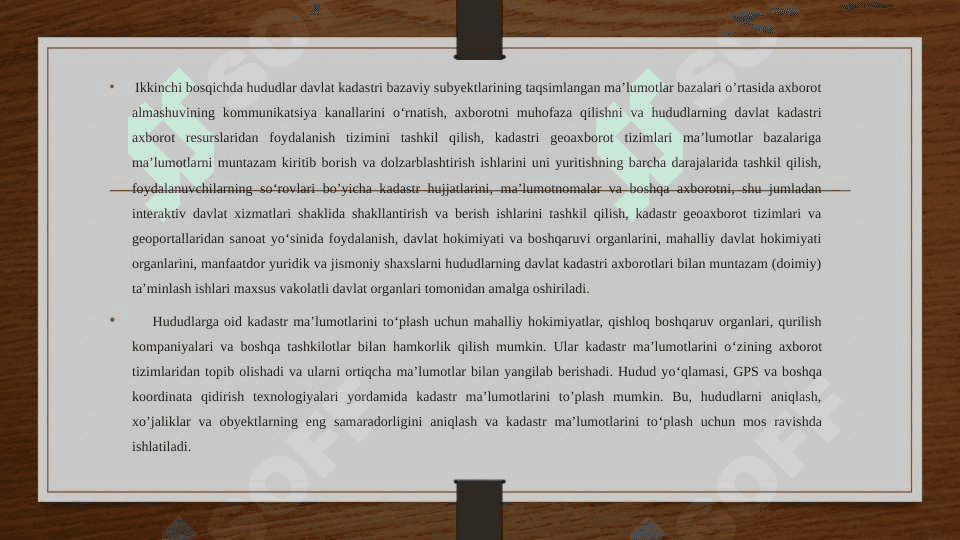 HUDUDLAR MIQYOSIDA DAVLAT YER KADASTRI BO‘YICHA TEMATIK QATLAMLARNING ATRIBUTIV MA’LUMOTLARINI SHAKLLANTIRISH 6