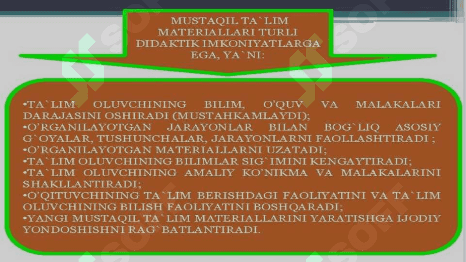 Mustaqil ta’lim, uning turlari va bajarilishi. 4