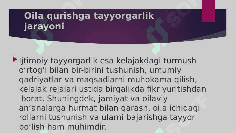 Oila qurishdan avvalgi davrning oʻziga xos xususiyatlari.  Psixalogik adaptatsiya va oila integratsiyasi.  Oilaviy hayotning farovonligiga bevosita taʼsir etuvchi omillar 3