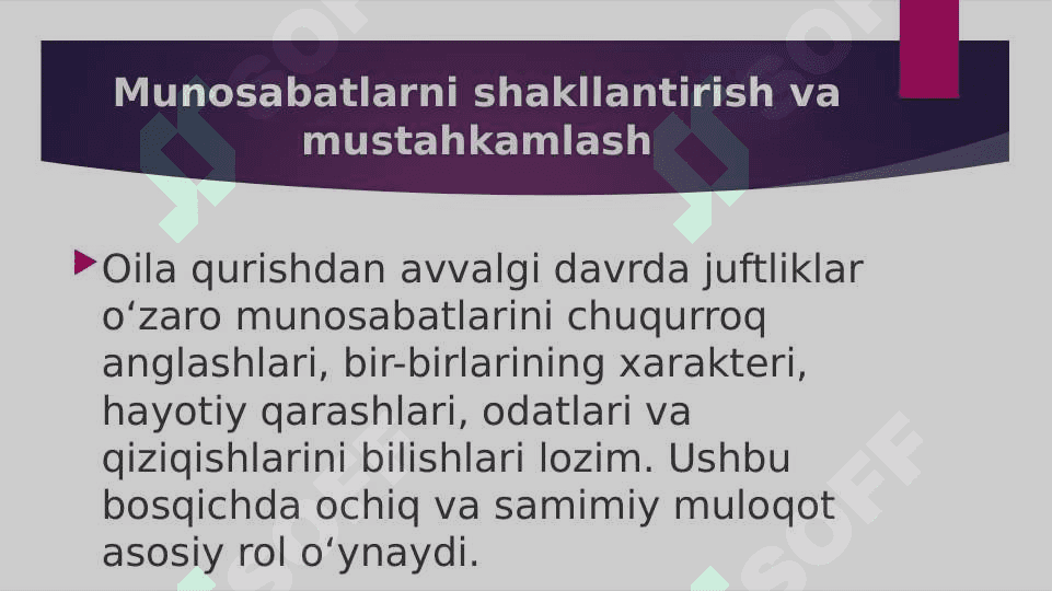 Oila qurishdan avvalgi davrning oʻziga xos xususiyatlari.  Psixalogik adaptatsiya va oila integratsiyasi.  Oilaviy hayotning farovonligiga bevosita taʼsir etuvchi omillar 4