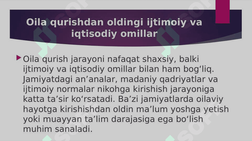 Oila qurishdan avvalgi davrning oʻziga xos xususiyatlari.  Psixalogik adaptatsiya va oila integratsiyasi.  Oilaviy hayotning farovonligiga bevosita taʼsir etuvchi omillar 7