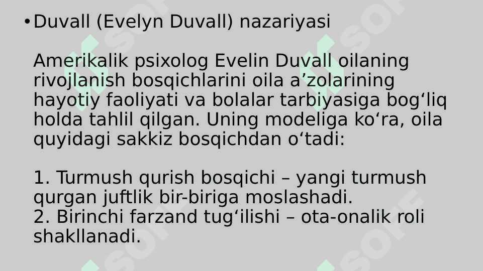 Turli mualliflar nuqtai-nazaridan oila bosqichlari tahlili.2. Psixologik adaptatsiya va oila integratsiyasi.3. Oilada rollar taqsimoti va oilaning rollar tuzilishi. 4