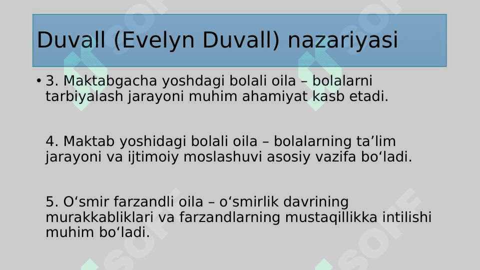 Turli mualliflar nuqtai-nazaridan oila bosqichlari tahlili.2. Psixologik adaptatsiya va oila integratsiyasi.3. Oilada rollar taqsimoti va oilaning rollar tuzilishi. 5