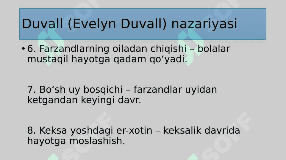 Turli mualliflar nuqtai-nazaridan oila bosqichlari tahlili.2. Psixologik adaptatsiya va oila integratsiyasi.3. Oilada rollar taqsimoti va oilaning rollar tuzilishi. 6