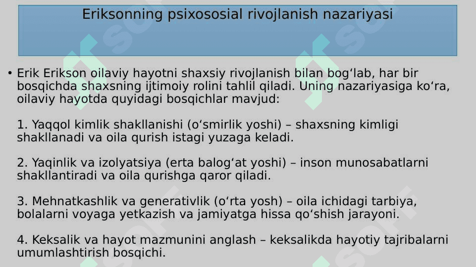 Turli mualliflar nuqtai-nazaridan oila bosqichlari tahlili.2. Psixologik adaptatsiya va oila integratsiyasi.3. Oilada rollar taqsimoti va oilaning rollar tuzilishi. 8