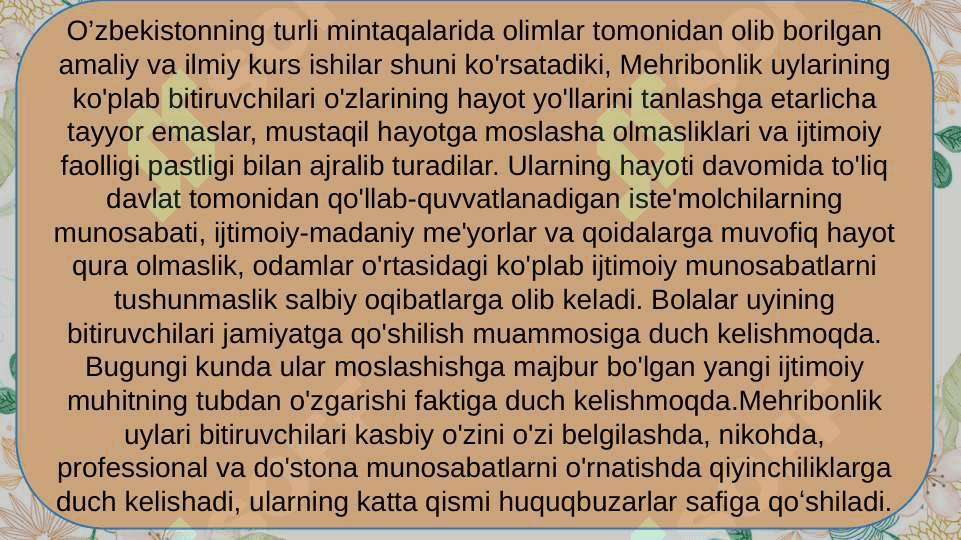 Slayt.Oʻzbekistonda mehribonlik uylarida olib boriladigan ijtimoiy faoliyat 8