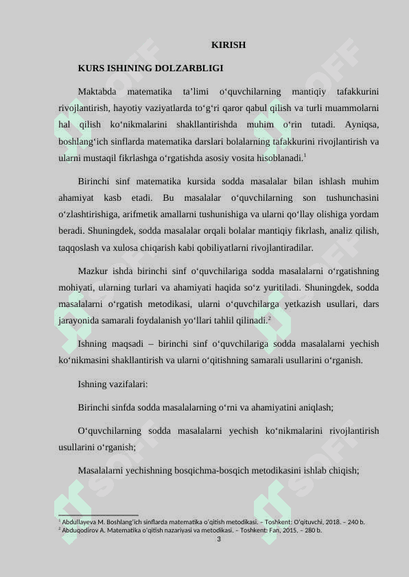 Birinchi sinfda matematikadan sodda masalalar va ularni yechishga o'rgatish metodikasi. mavzusida kurs ishi 3