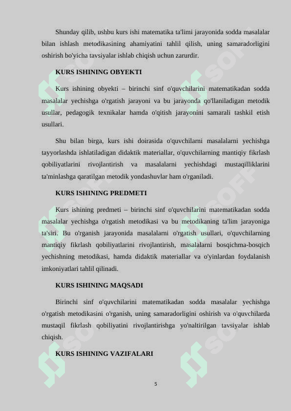 Birinchi sinfda matematikadan sodda masalalar va ularni yechishga o'rgatish metodikasi. mavzusida kurs ishi 5