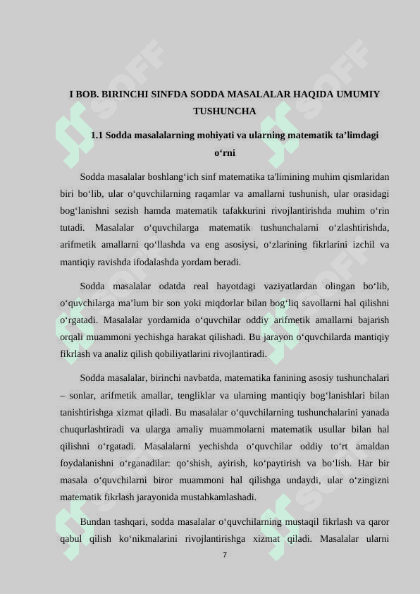 Birinchi sinfda matematikadan sodda masalalar va ularni yechishga o'rgatish metodikasi. mavzusida kurs ishi 7