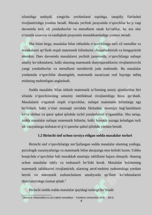 Birinchi sinfda matematikadan sodda masalalar va ularni yechishga o'rgatish metodikasi. mavzusida kurs ishi 8