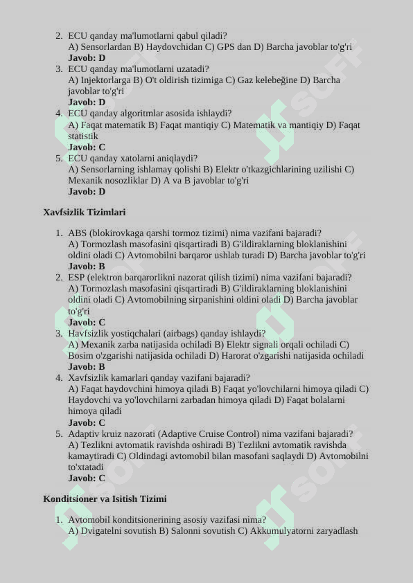 AVTOMOBIL ELEKTR VA ELEKTRON JIXOZLARI  FANIDAN 100 TA TEST 4