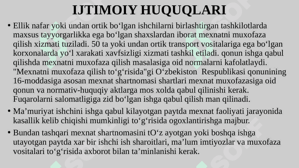 O‘ZBEKISTON RESPUBLIKASI FUQAROLARINING IQTISODIY, IJTIMOIY HUQUQLARI 8