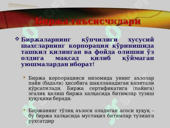 Биржалар  бошқарув органлари ва функционал воситачилар 3