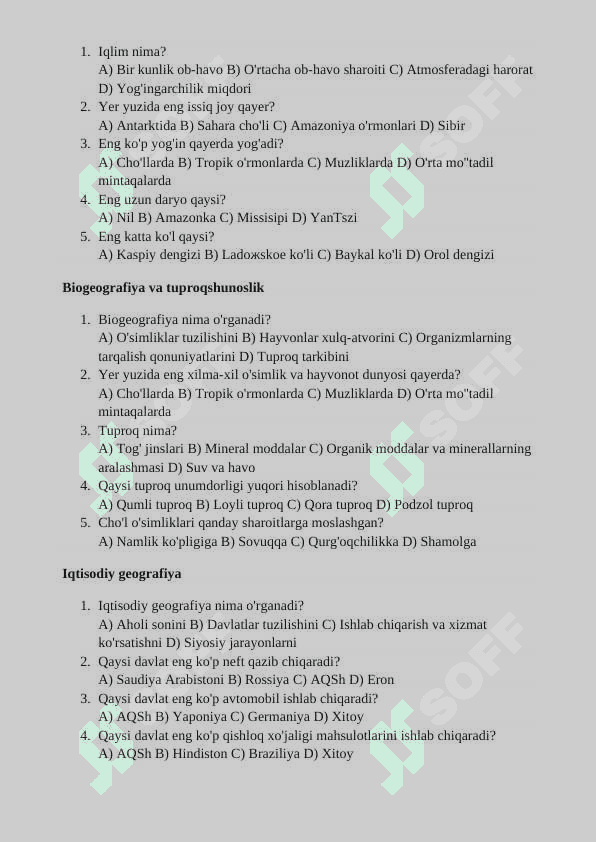 GEOGRAFIYA FANIDAN MAVZULASHTIRILGAN 100TA TEST 2