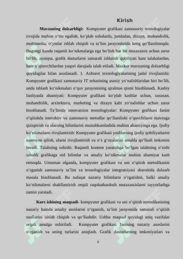 Kompyuter grafikasi va uning o`qitish metodikasi” mavzusi bo‘yicha yozgan 3