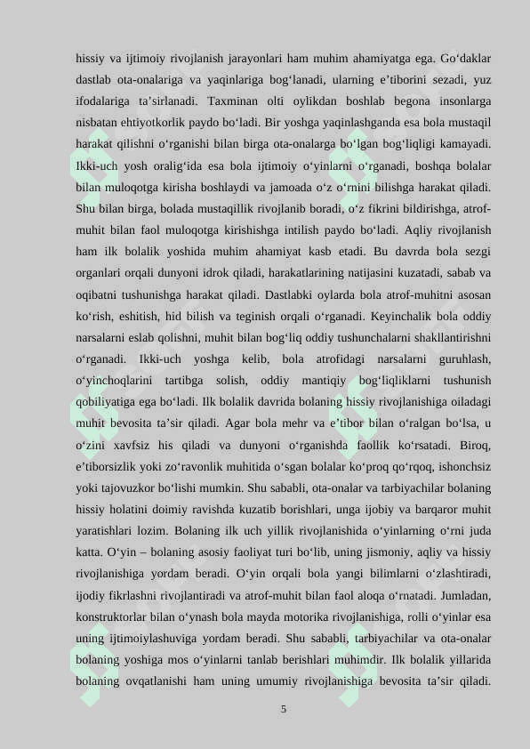ILK MAKTABGACHA YOSHDAGI BOLALARNING RIVOJLANISHIGA QO‘YILADIGAN DAVLAT TALABLARINING MAZMUN VA MOHIYATI 5