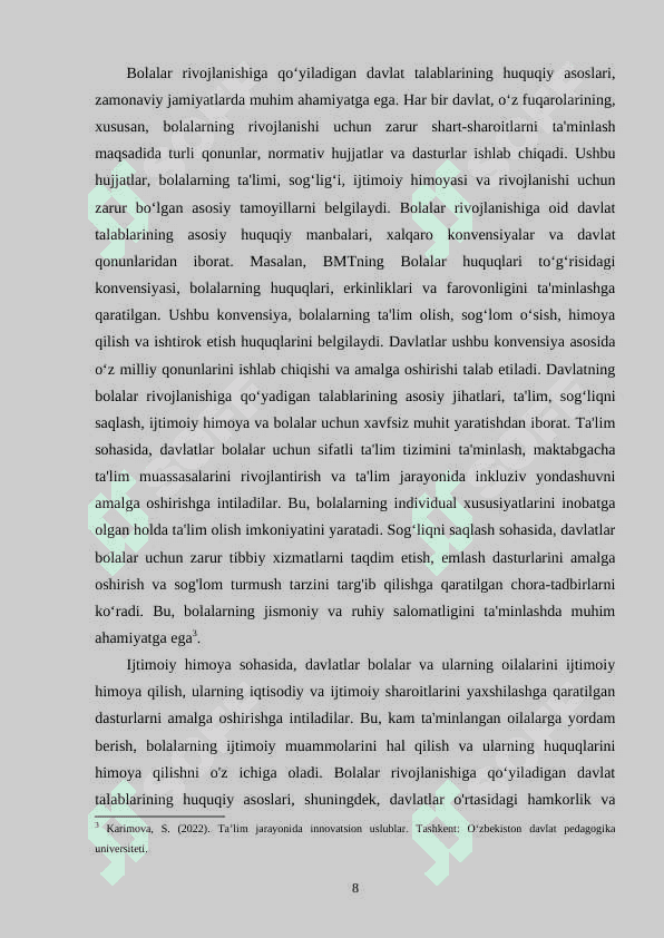 ILK MAKTABGACHA YOSHDAGI BOLALARNING RIVOJLANISHIGA QO‘YILADIGAN DAVLAT TALABLARINING MAZMUN VA MOHIYATI 8