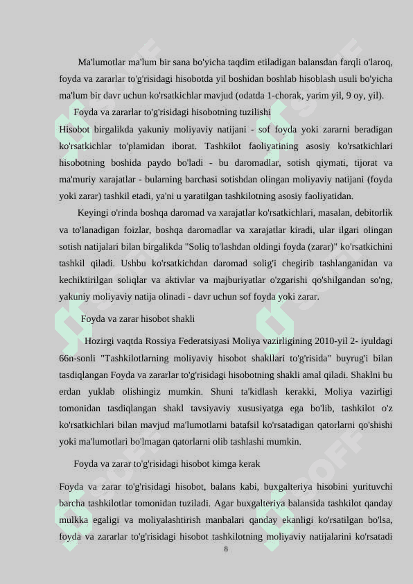 MHXSDA "FOYDA VA ZARARLAR TOʻGʻRISIDAGI HISOBOT"NI TUZISH TARTIBI kurs ishi 8