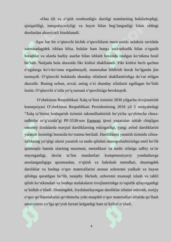 BOSHLANG'ICH SINFLARDA ONA TILI VA O'QISH SAVODXONLIGI DARSLARDA MATN USTIDA ISHLASH 6