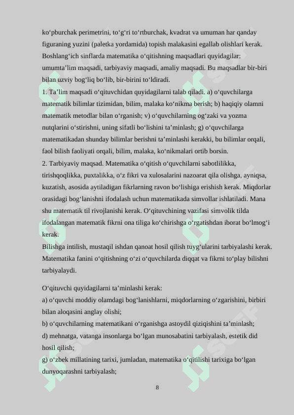 BOSHLANG‘ICH SINFLARDA MATEMATIKA O‘QITISHNING UMUMIY METODIKASI 8