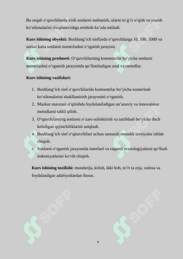 KONSENTRLAR (10, 100, 1000 VA KO‘P XONALI SONLAR)  BO‘YICHA NOMERLASHGA O‘RGATISH METODI 4