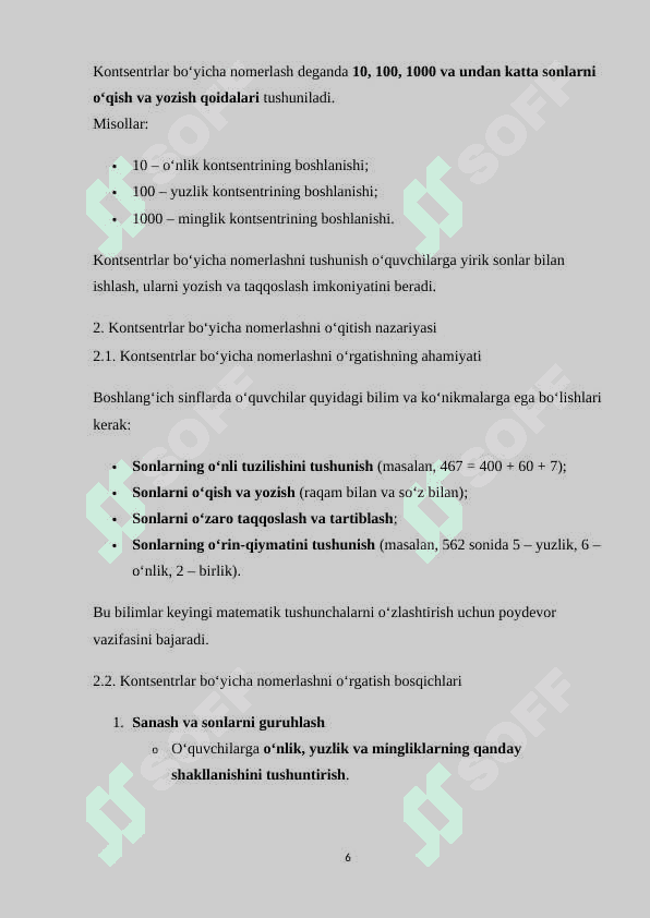 KONSENTRLAR (10, 100, 1000 VA KO‘P XONALI SONLAR)  BO‘YICHA NOMERLASHGA O‘RGATISH METODI 6