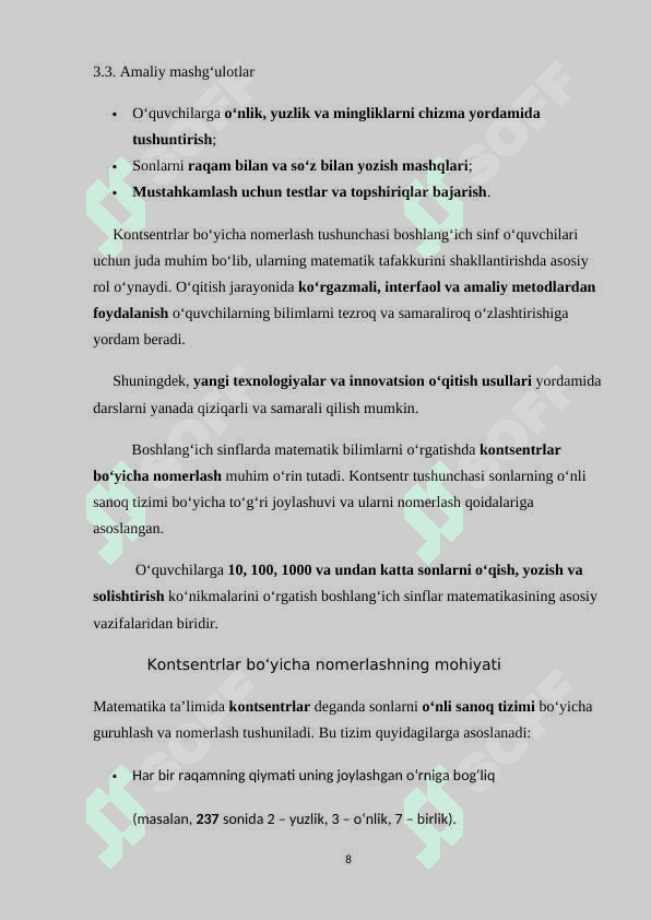 KONSENTRLAR (10, 100, 1000 VA KO‘P XONALI SONLAR)  BO‘YICHA NOMERLASHGA O‘RGATISH METODI 8