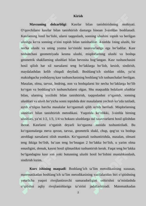 Boshlang'ich sinflarda matematika o'qitishda kasr tushunchasi elementlarini o'rgatish metodikasi 2