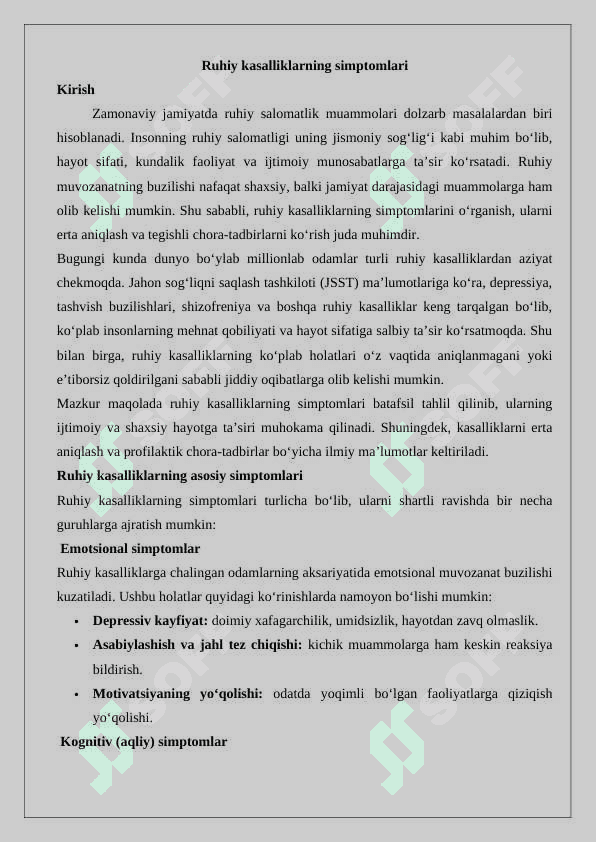Ruhiy Kasalliklarning Simptomlari 2