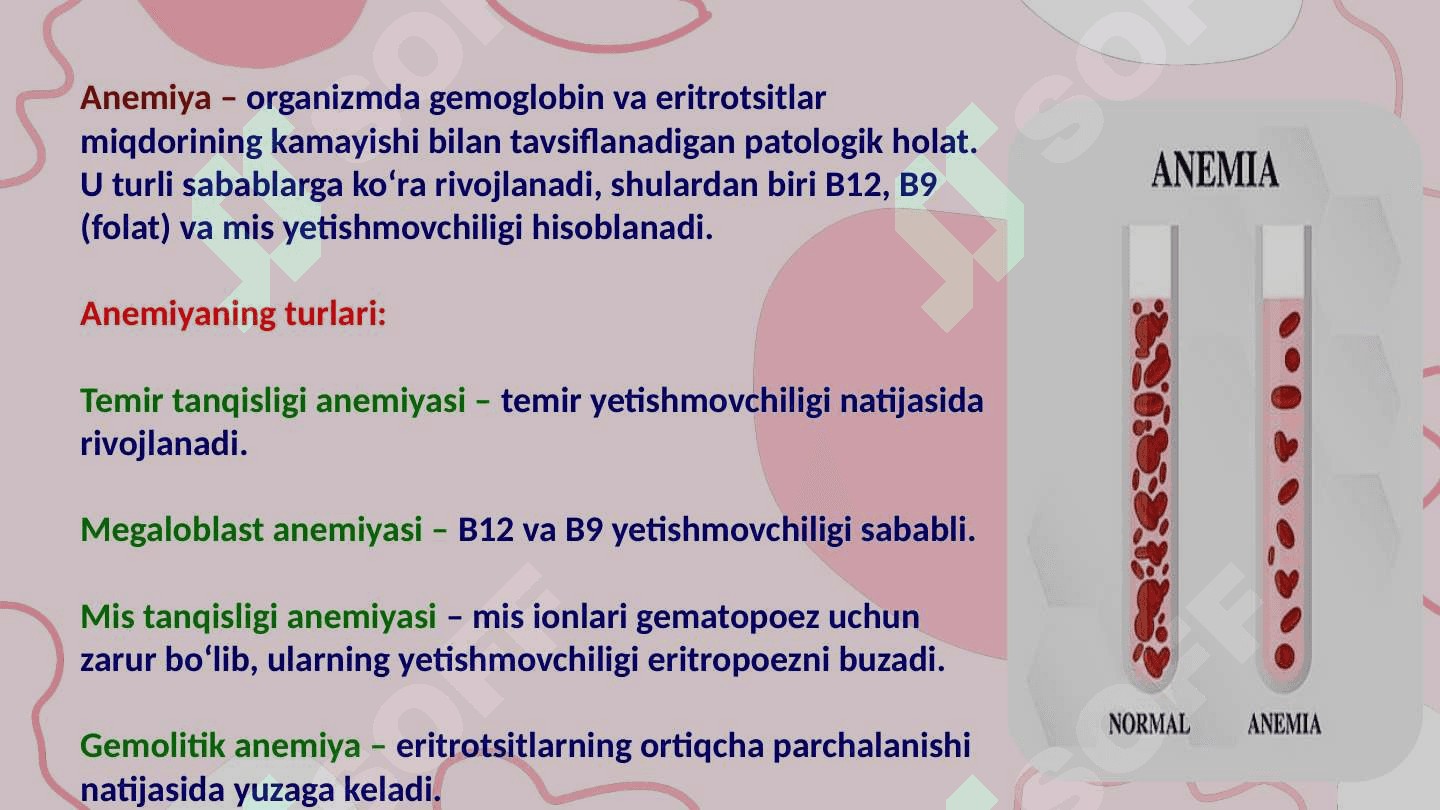 Mis, B12, B9 yetishmovchiligida rivojlanadigan anemiyalarning biokimyoviy asoslari. Qon zardobida oqsillar aniqlashning klinik ahamiyati 2