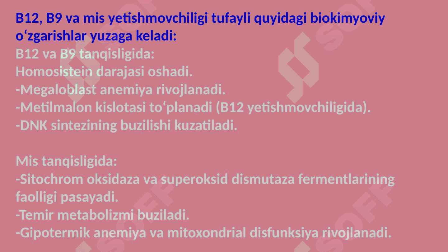 Mis, B12, B9 yetishmovchiligida rivojlanadigan anemiyalarning biokimyoviy asoslari. Qon zardobida oqsillar aniqlashning klinik ahamiyati 6