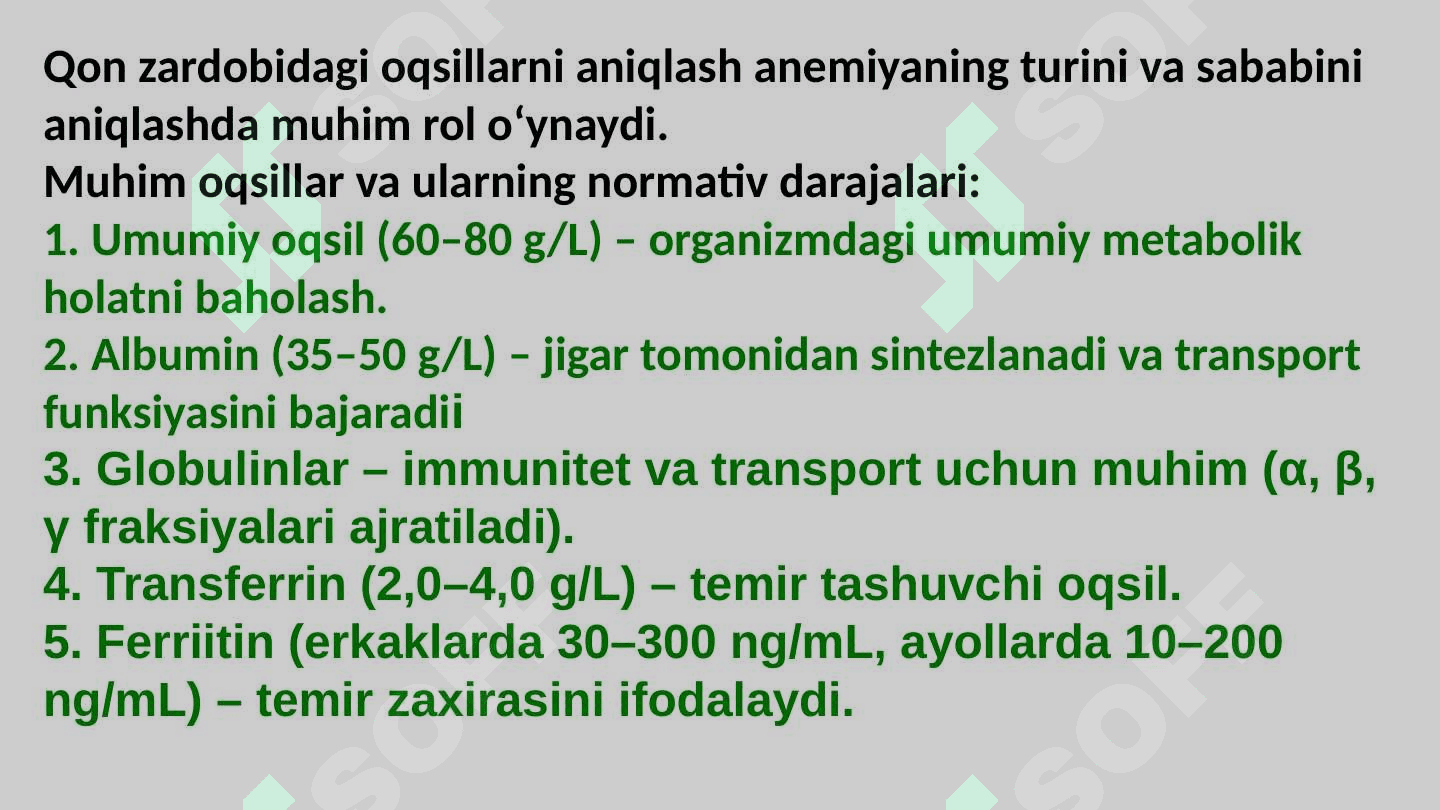 Mis, B12, B9 yetishmovchiligida rivojlanadigan anemiyalarning biokimyoviy asoslari. Qon zardobida oqsillar aniqlashning klinik ahamiyati 8