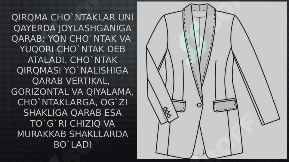 Qirqma cho’ntaklarga ishlov berish “listochka” cho’ntak 3