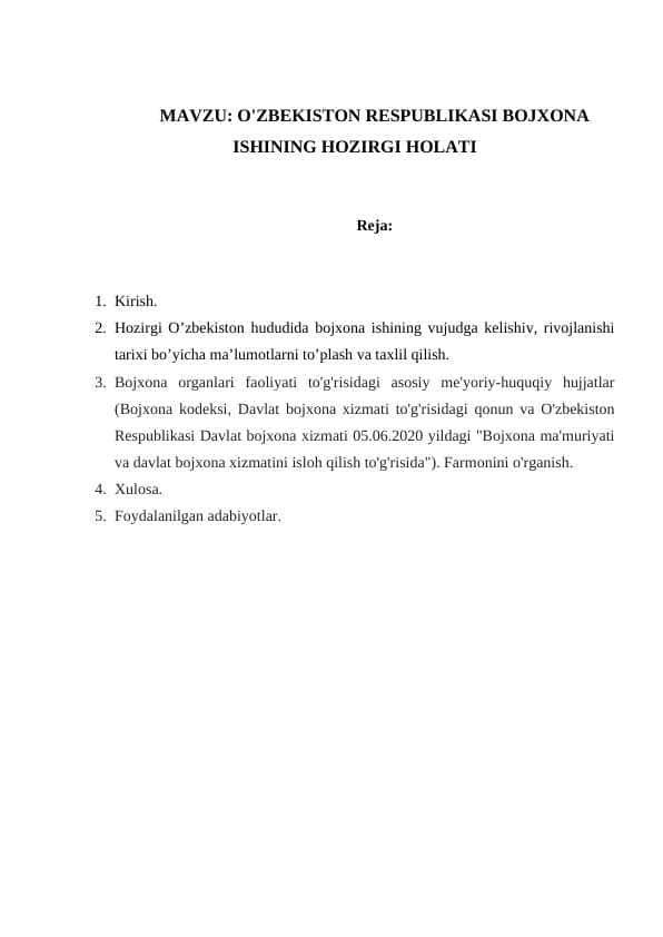 O'ZBEKISTON RESPUBLIKASI BOJXONA ISHINING HOZIRGI HOLATI 1