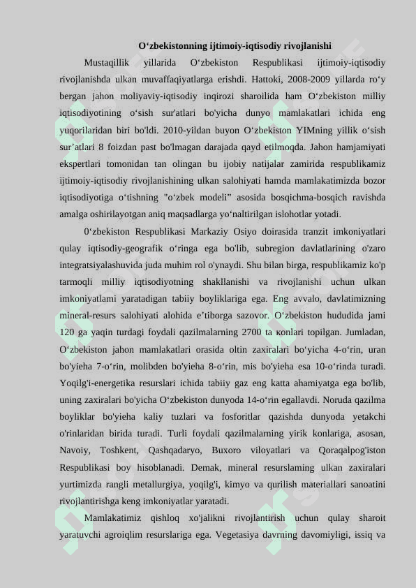 O’zbekistonning ijtimoiy va iqtisodiy rivojlanishiga rivojlanayotgan bozorlar va moliyaviy inqirozlaning tasiri 4
