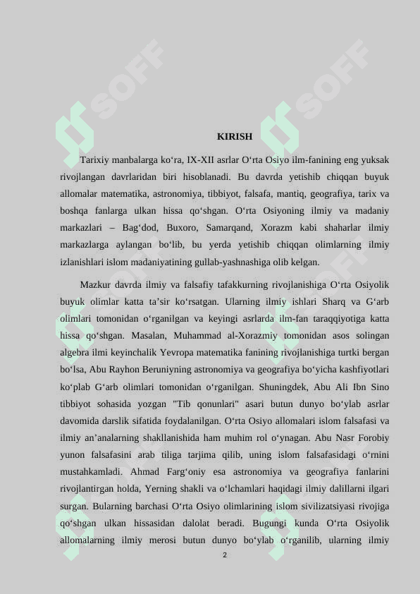 IX-XII  asrlarda O‘rta Osiyo allomalarining islom madaniyatiga qo‘shgan hissasi tadqiqotlarda aks etishi. kurs ishi 2