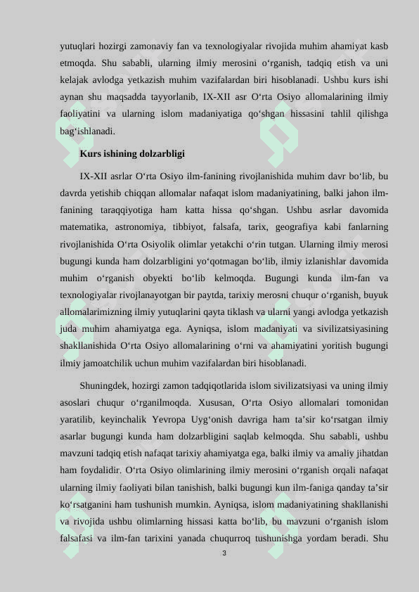 IX-XII  asrlarda O‘rta Osiyo allomalarining islom madaniyatiga qo‘shgan hissasi tadqiqotlarda aks etishi. kurs ishi 3