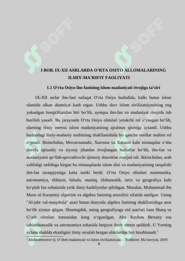 IX-XII  asrlarda O‘rta Osiyo allomalarining islom madaniyatiga qo‘shgan hissasi tadqiqotlarda aks etishi. kurs ishi 8