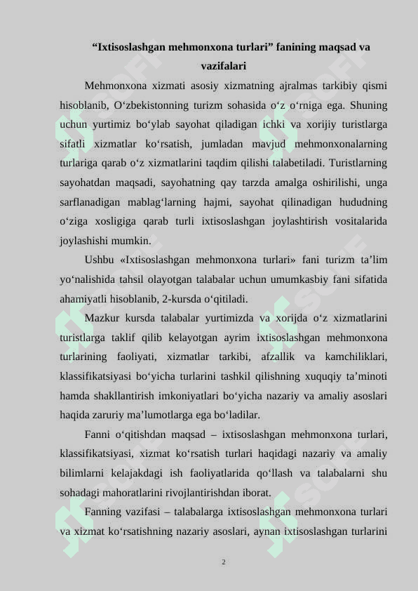 Ixtisoslashgan mehmonxona turlari faniga kirish 2