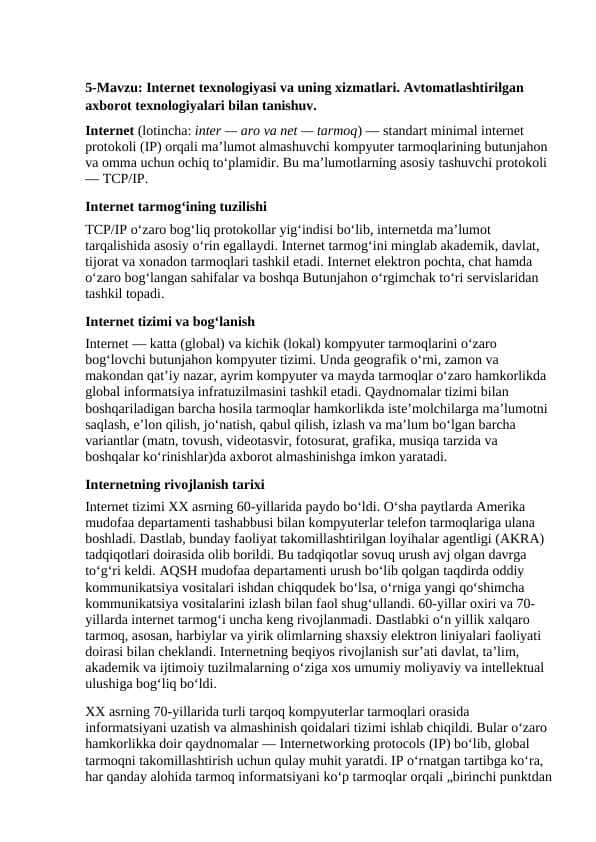 Internet texnologiyasi va uning xizmatlari 1