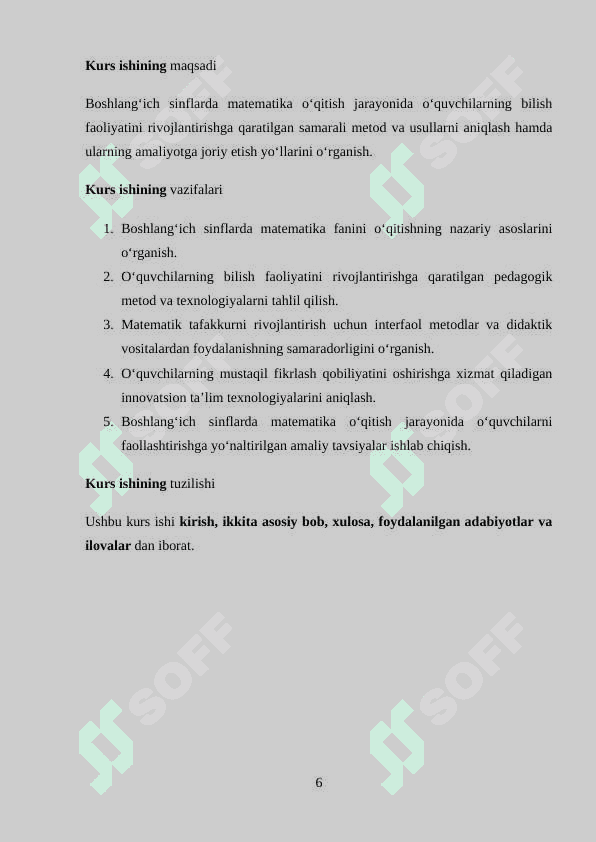 Boshlang'ich sinflarda matematika o`qitishda o'quvchilarning bilish faoliyatlarini rivojlantirish kurs ishi 6